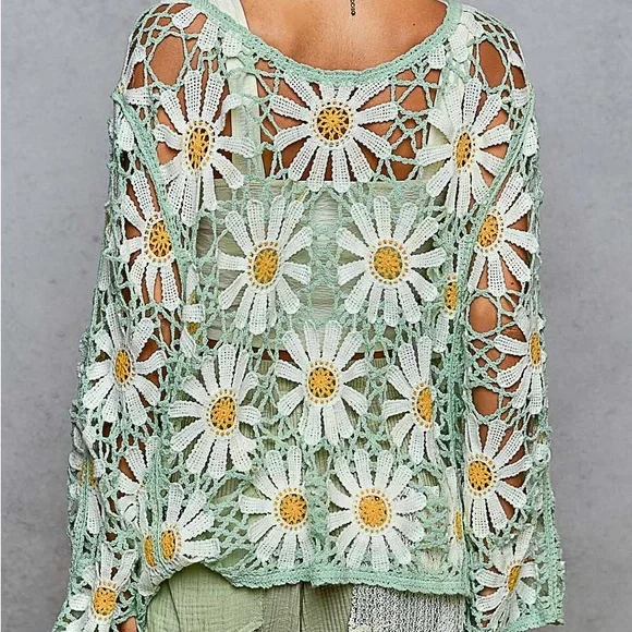 NWT POL Bohemian Mint Daisy Crochet Lace Cardigan Sweater One Size - Picture 2 of 3